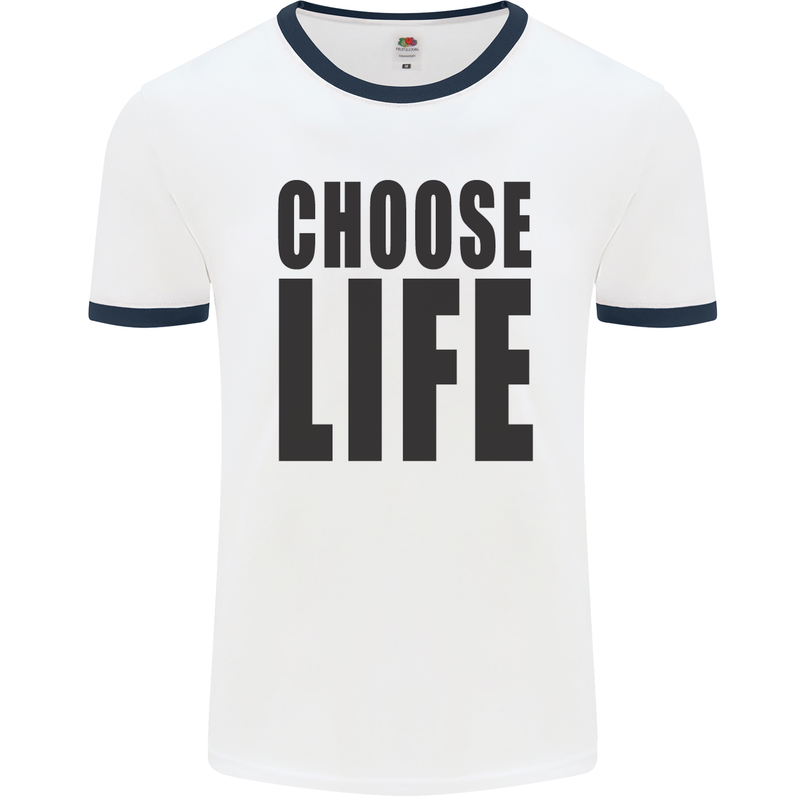 Choose Life Fancy Dress Outfit Costume Mens White Ringer T-Shirt White/Navy Blue