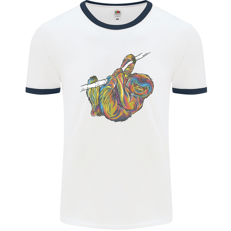 A Colourful Sloth on a Branch Mens White Ringer T-Shirt White/Navy Blue