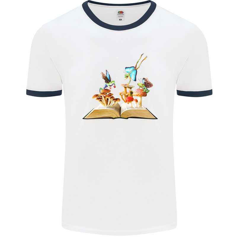 Trippy Nature Book Magic Mushrooms LSD Mens Ringer T-Shirt White/Navy Blue