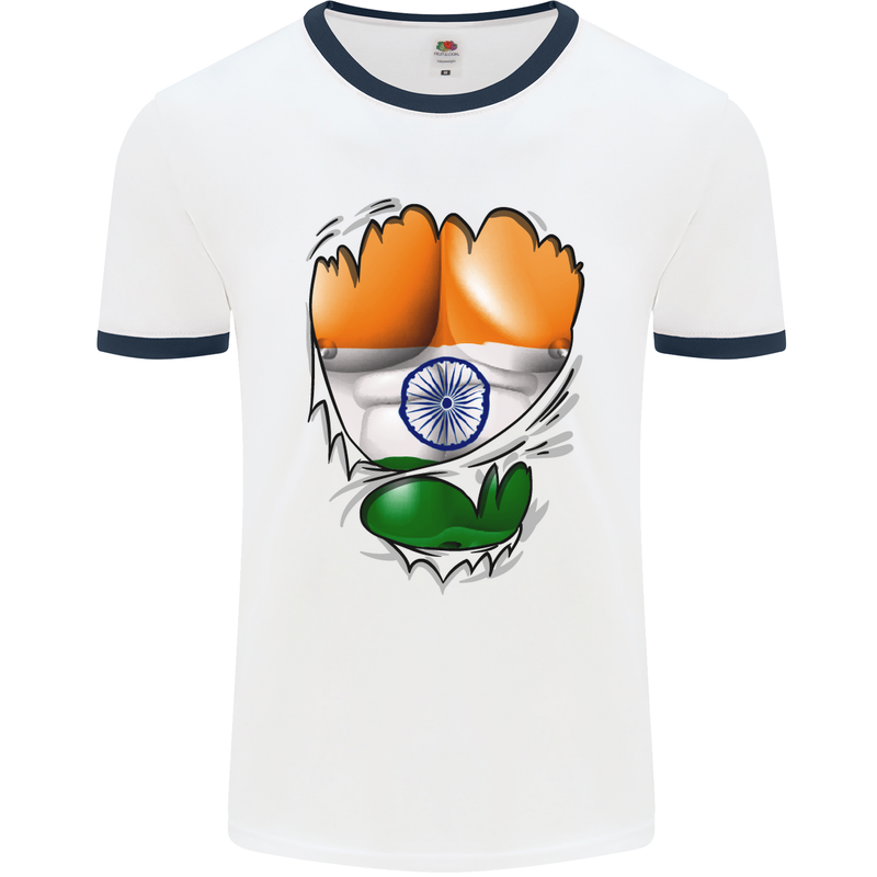 Gym The Indian Flag Ripped Muscles India Mens White Ringer T-Shirt White/Navy Blue