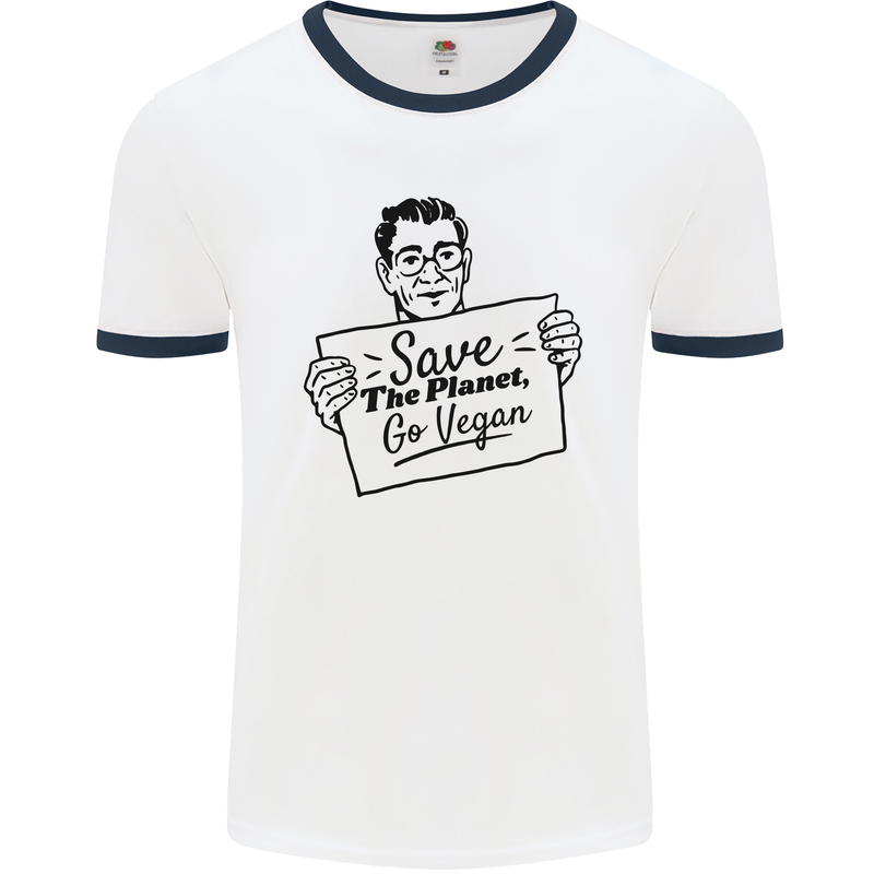 Save the Planet Go Vegan Global Warming Mens White Ringer T-Shirt White/Navy Blue