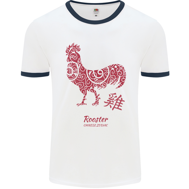 Chinese Zodiac Year of the Rooster Mens White Ringer T-Shirt White/Navy Blue