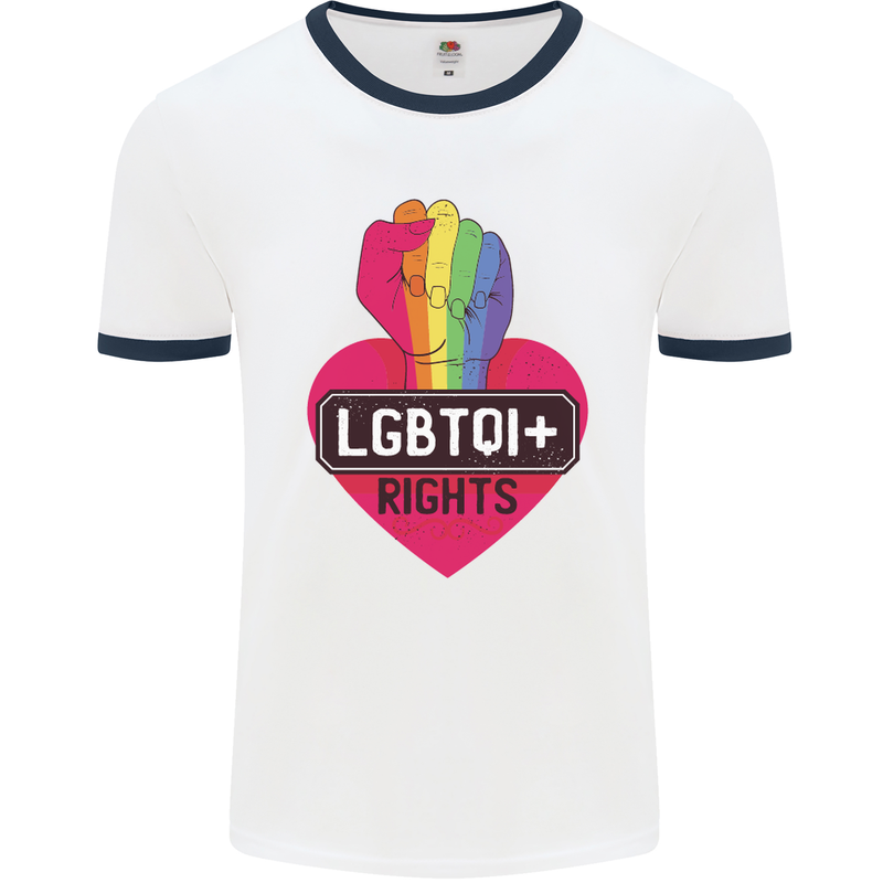 LGBTQI+ Rights Gay Pride Awareness LGBT Mens White Ringer T-Shirt White/Navy Blue