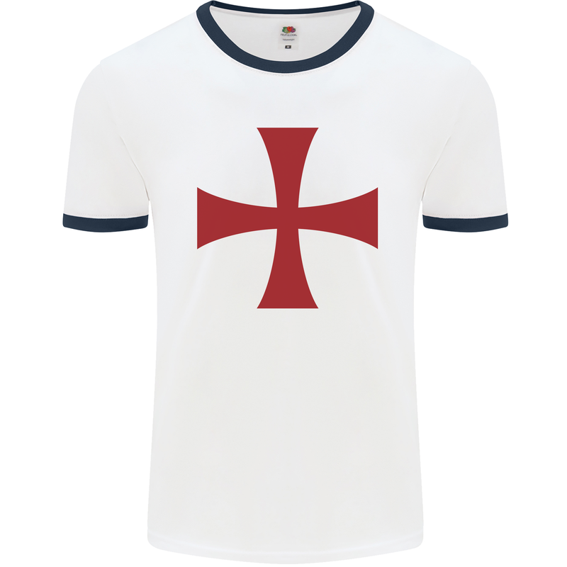 Knights Templar Cross Fancy Dress Outfit Mens White Ringer T-Shirt White/Navy Blue