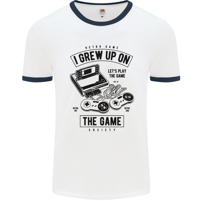 I Grew up on the Gamer Funny Gaming Mens White Ringer T-Shirt White/Navy Blue