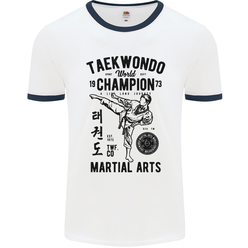 Taekwondo World Champion Martial Arts MMA Mens White Ringer T-Shirt White/Navy Blue