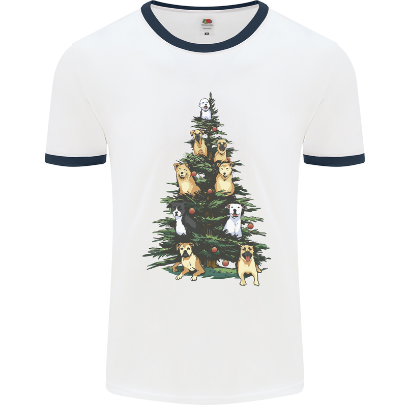 Funny Dog Christmas Tree Mens Ringer T-Shirt White/Navy Blue