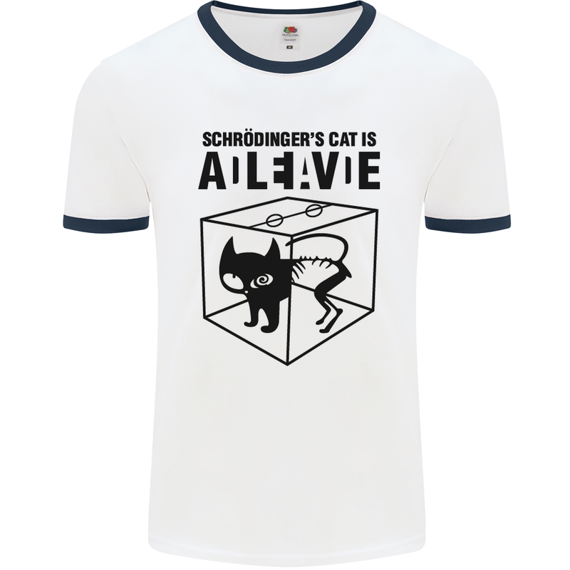 Schrodinger's Cat Science Geek Nerd Mens White Ringer T-Shirt White/Navy Blue