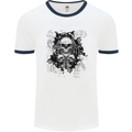 Three Skulls Demon Biker Gothic Tattoo Mens White Ringer T-Shirt White/Navy Blue