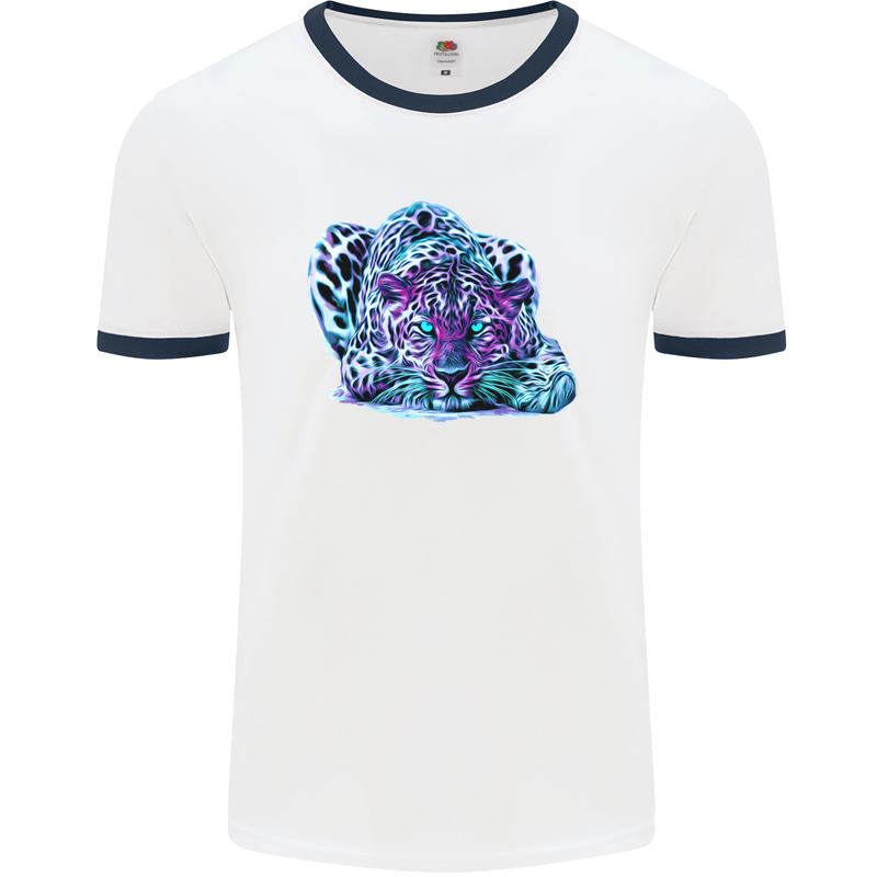 Cololurful Leopard Wild Cat Panther Mens White Ringer T-Shirt White/Navy Blue