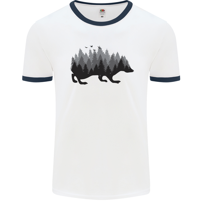 A Hedgehog Depicting a Forest Mens White Ringer T-Shirt White/Navy Blue