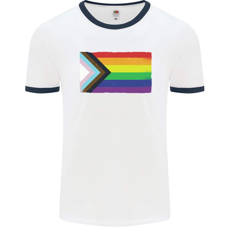 LGBTQ Flag Gay Pride Awareness Day LGBTQ Mens White Ringer T-Shirt White/Navy Blue