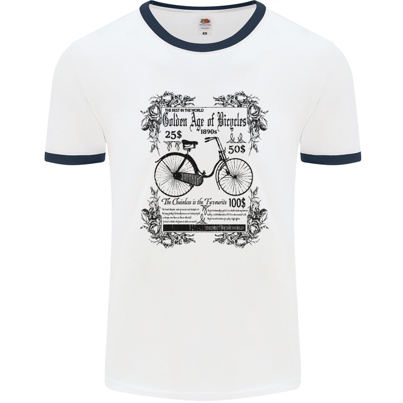 The Golden Age of Bicycles Cyclist Cycling Mens White Ringer T-Shirt White/Navy Blue