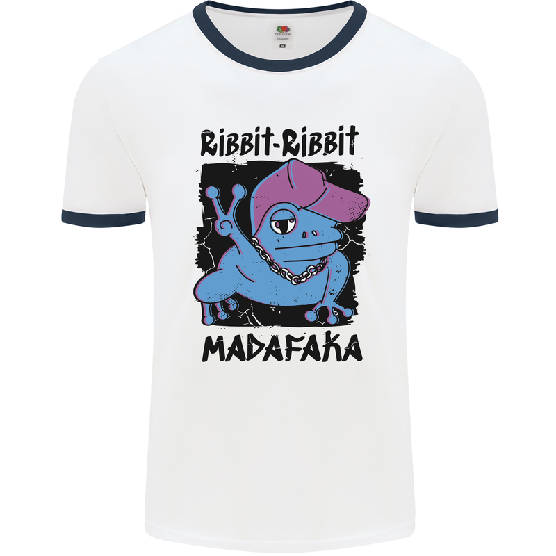 Ribbit Madafaka Funny Gangsta Frog Mens Ringer T-Shirt White/Navy Blue