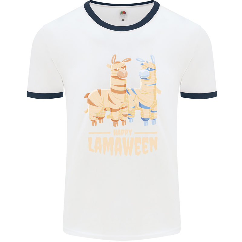 Happy Lamaween Funny Lama Halloween Mens White Ringer T-Shirt White/Navy Blue