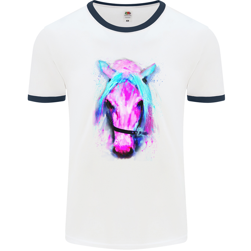 Watercolour Horse Mens White Ringer T-Shirt White/Navy Blue