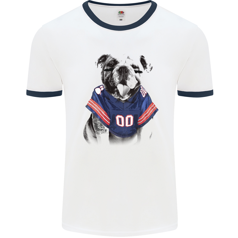 American Football Bulldog With Tattoos Mens White Ringer T-Shirt White/Navy Blue