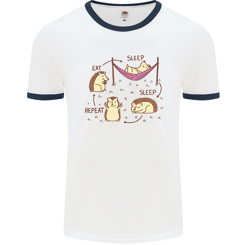 Funny, Hedgehog Eat Sleep Repeat Lover Mens White Ringer T-Shirt White/Navy Blue