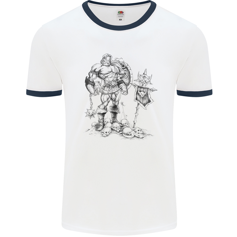 Viking Warior Skull Thor Odin Valhalla MMA Mens White Ringer T-Shirt White/Navy Blue