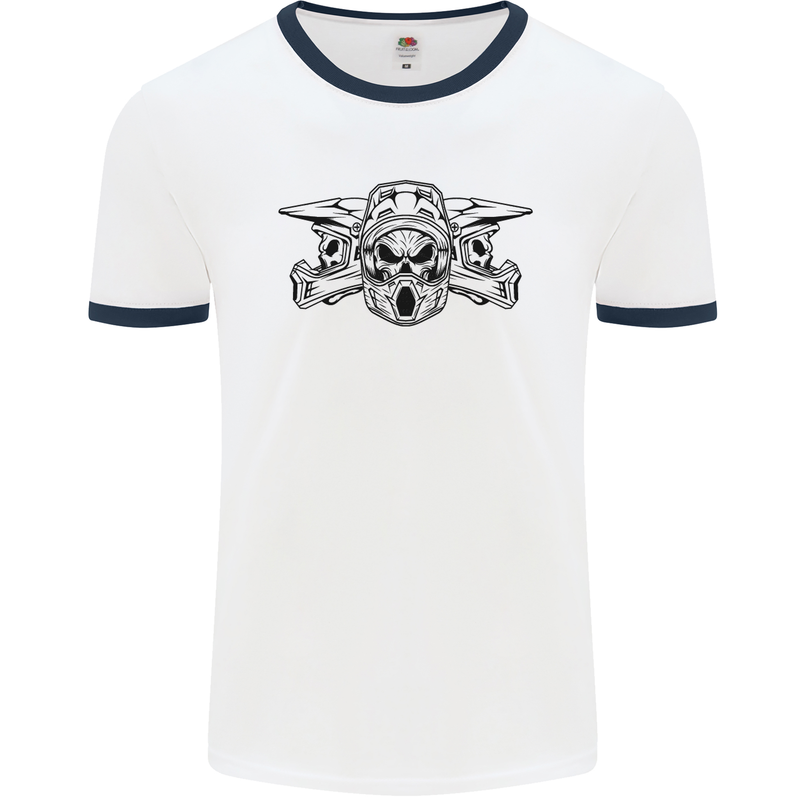 Motocross Skulls Dirt Bike MotoX Motorcycle Mens White Ringer T-Shirt White/Navy Blue