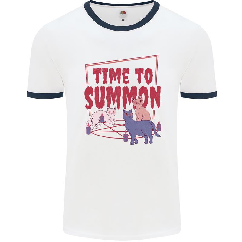 Time to Summon Cats Let's Summon Demons Mens White Ringer T-Shirt White/Navy Blue