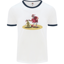 Christmas Beach Santa Clause & Snowman Mens White Ringer T-Shirt White/Navy Blue