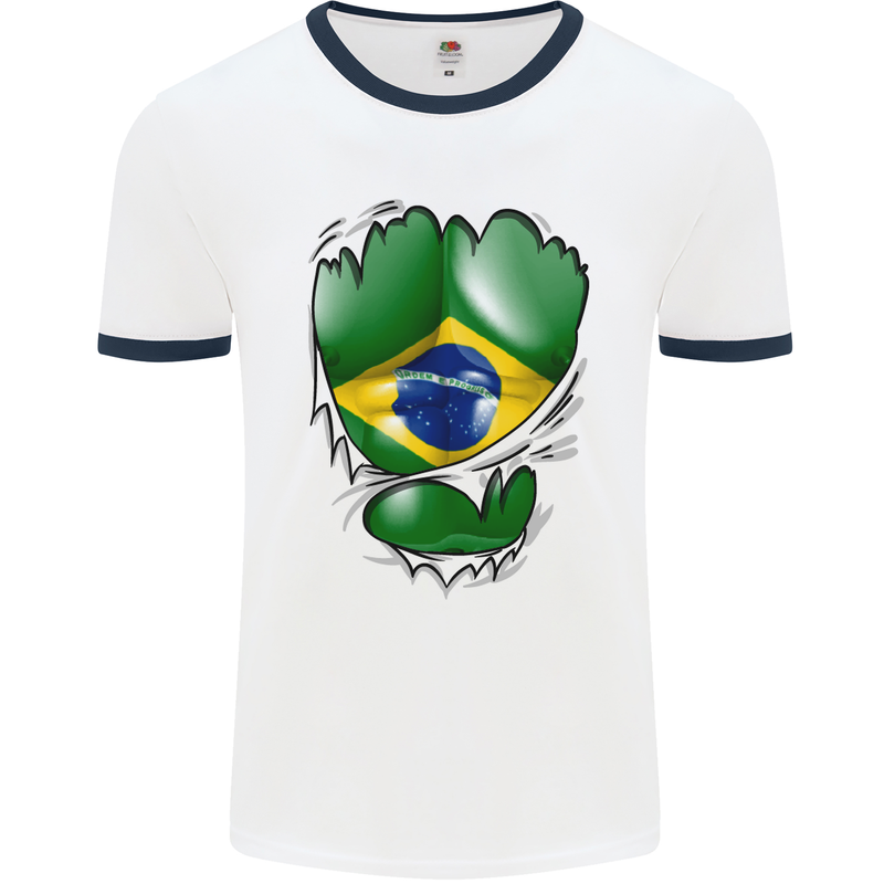 Gym Brazilian Flag Ripped Muscles Brazil Mens White Ringer T-Shirt White/Navy Blue