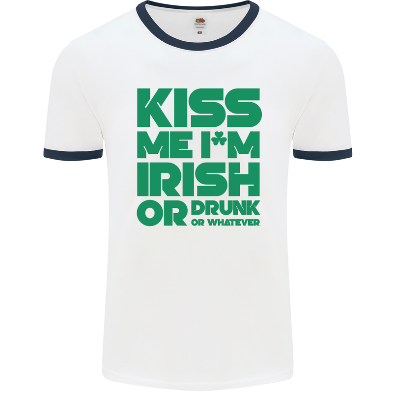 Kiss Me I'm Irish or Drunk St Patricks Day Mens White Ringer T-Shirt White/Navy Blue