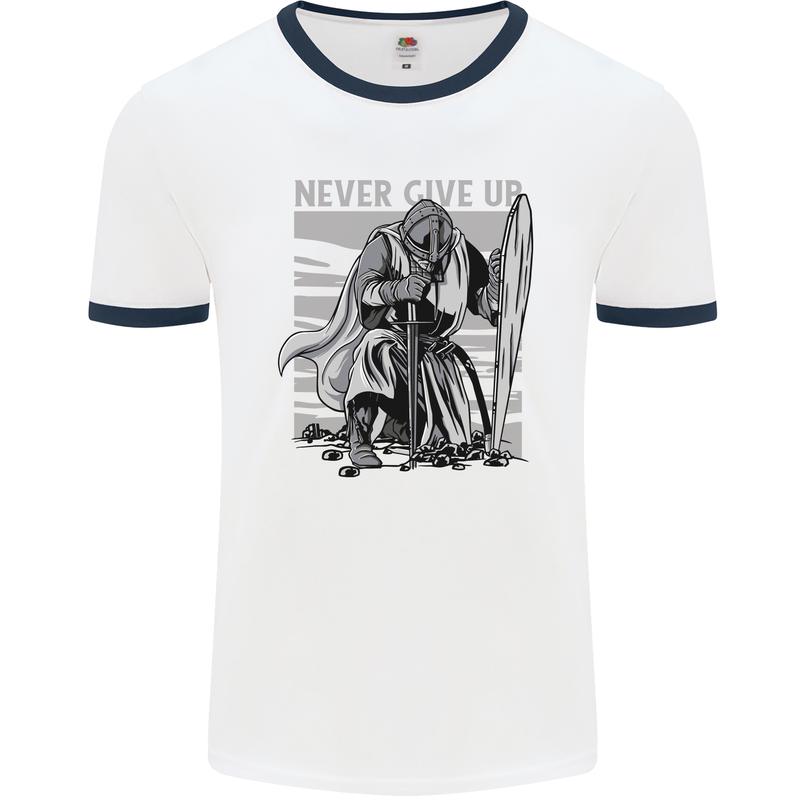 Teutonic Knight Never Give Up Crusader Gym Mens White Ringer T-Shirt White/Navy Blue