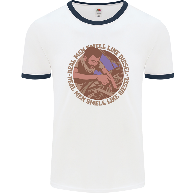Mechanic Real Men Smell Like Diesel Mens White Ringer T-Shirt White/Navy Blue