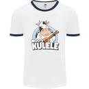 Mookulele Funny Cow Playing Ukulele Guitar Mens White Ringer T-Shirt White/Navy Blue