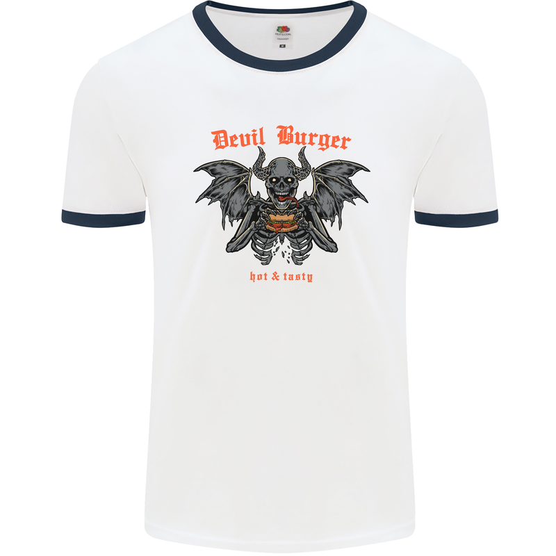 Devil Burger Demon Satan Grim Reaper BBQ Mens White Ringer T-Shirt White/Navy Blue