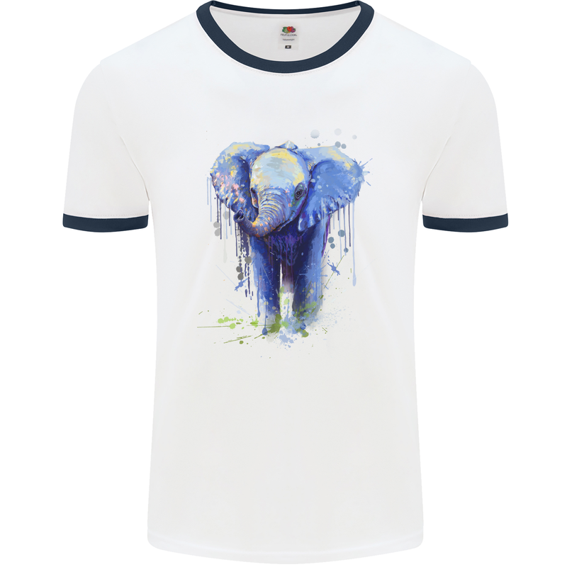 Elephant Watercolour Mens White Ringer T-Shirt White/Navy Blue