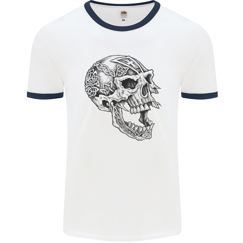 Viking Skull Symbols Mens White Ringer T-Shirt White/Navy Blue