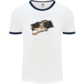 A Funny Cat Peeking From a Ripped Top Mens White Ringer T-Shirt White/Navy Blue