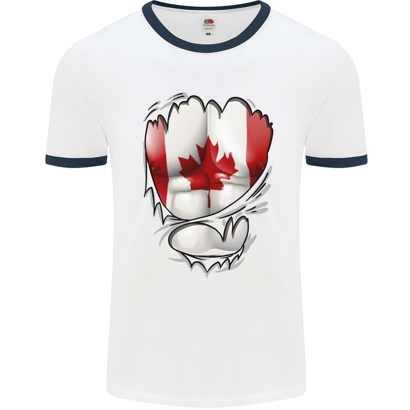 Gym Canadian Maple Leaf Flag Muscles Canada Mens White Ringer T-Shirt White/Navy Blue