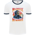 No Coffee No Work Funny Skull Grim Reaper Mens White Ringer T-Shirt White/Navy Blue