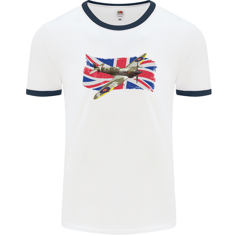 Supermarine Spitfire with the Union Jack Mens White Ringer T-Shirt White/Navy Blue