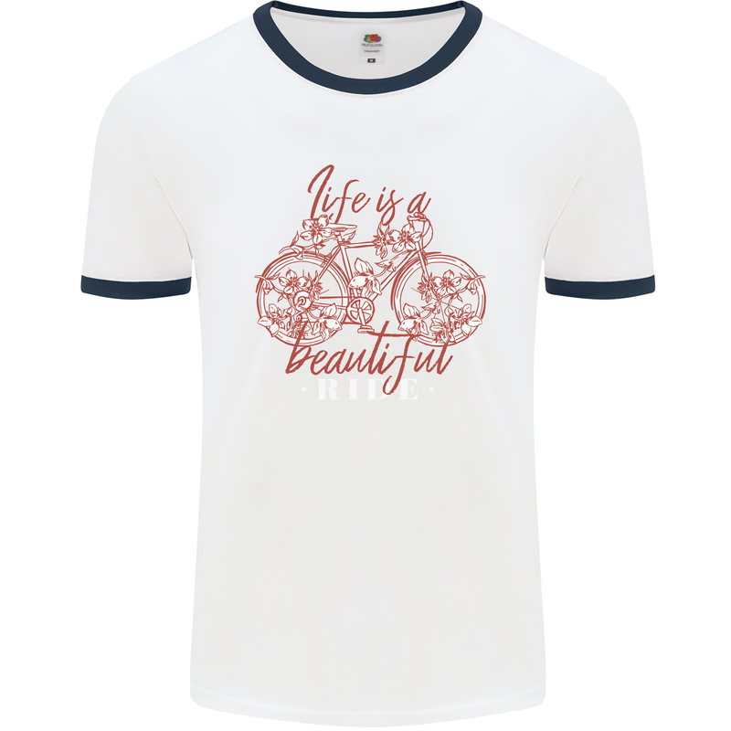 Life is a Beautiful Ride Cycling Bicycle Mens Ringer T-Shirt White/Navy Blue