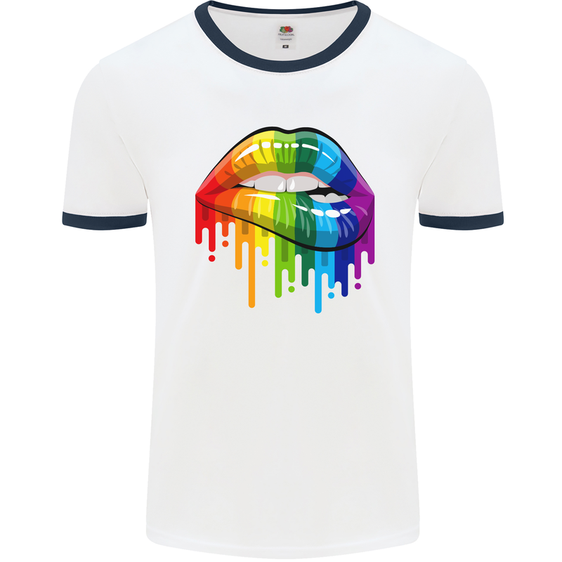 LGBT Bitten Rainbow Lip Gay Pride Day Mens White Ringer T-Shirt White/Navy Blue