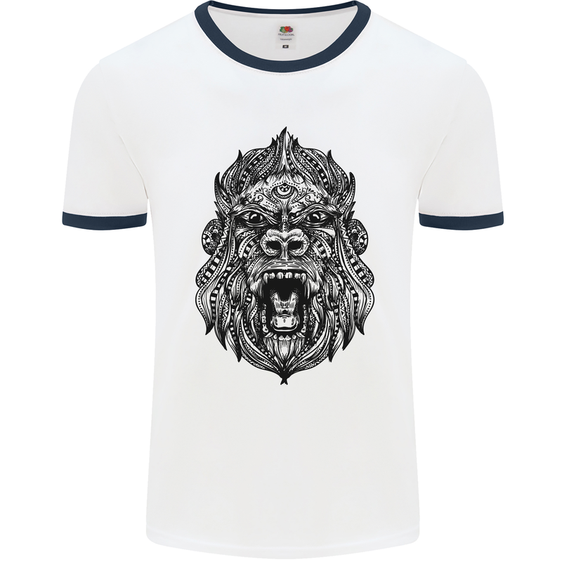 Mandala Art Ape Mens White Ringer T-Shirt White/Navy Blue