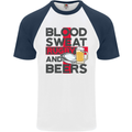 Blood Sweat Rugby and Beers England Funny Mens S/S Baseball T-Shirt White/Navy Blue