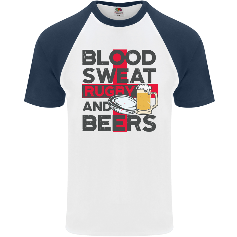 Blood Sweat Rugby and Beers England Funny Mens S/S Baseball T-Shirt White/Navy Blue