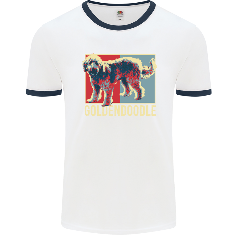 Goldendoodle Dog Art Mens White Ringer T-Shirt White/Navy Blue