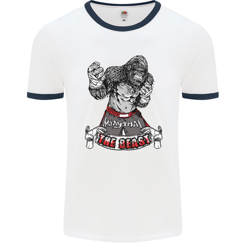 Muay Thai The Beast MMA Mixed Martial Arts Mens White Ringer T-Shirt White/Navy Blue