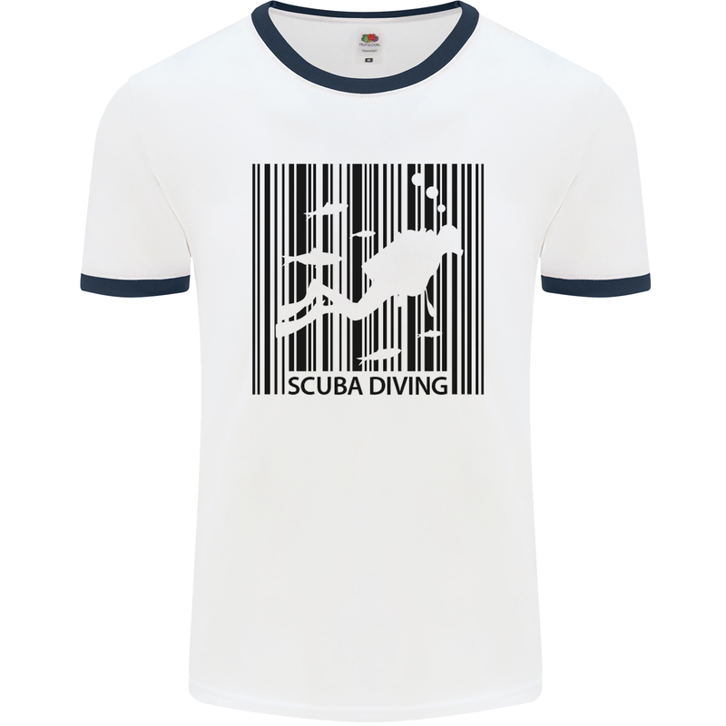 Scuba Barcode Diving Diver Dive Funny Mens White Ringer T-Shirt White/Navy Blue