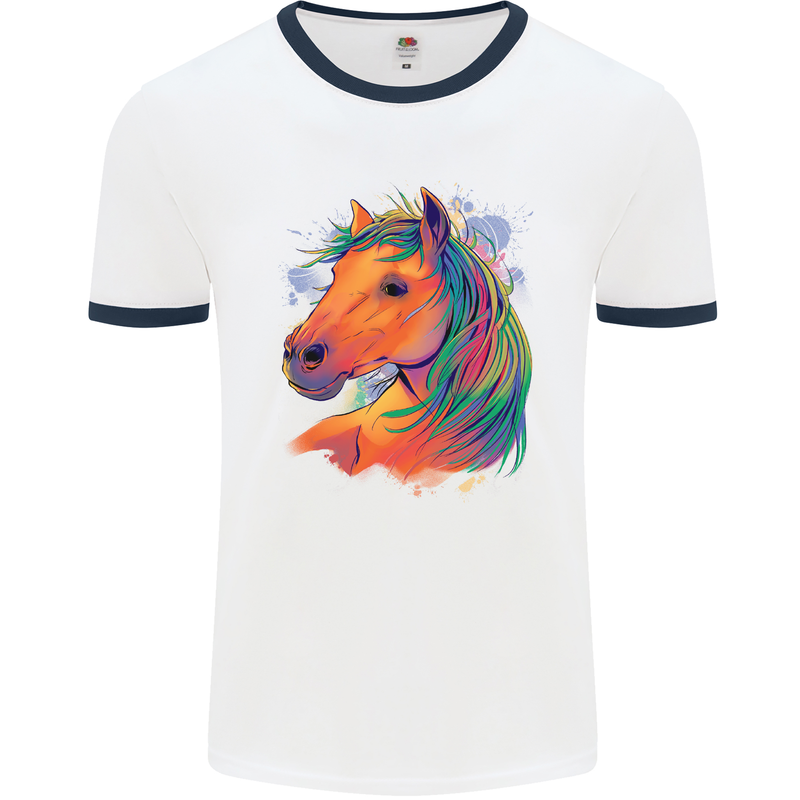 Horse Head Equestrian Mens Ringer T-Shirt White/Navy Blue