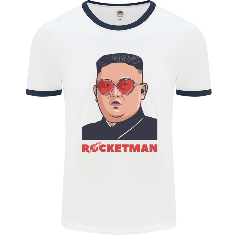 Rocket Man Kim Jong-un Missile Test Funny Mens White Ringer T-Shirt White/Navy Blue