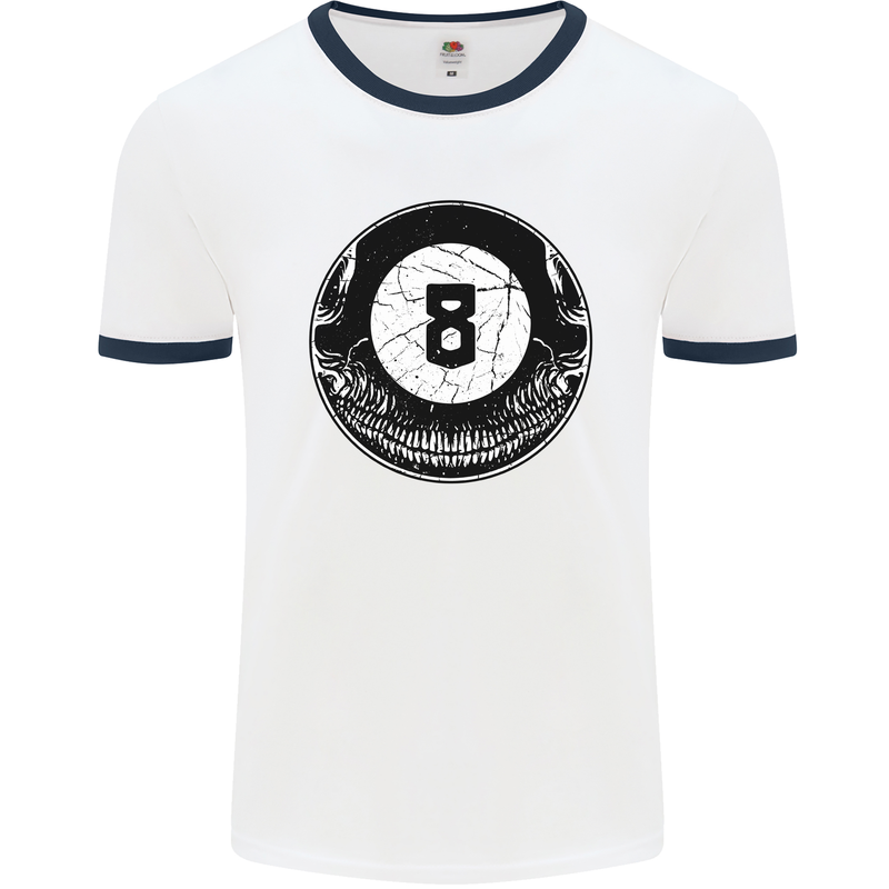 8-Ball Skull Pool Player 9-Ball Mens White Ringer T-Shirt White/Navy Blue