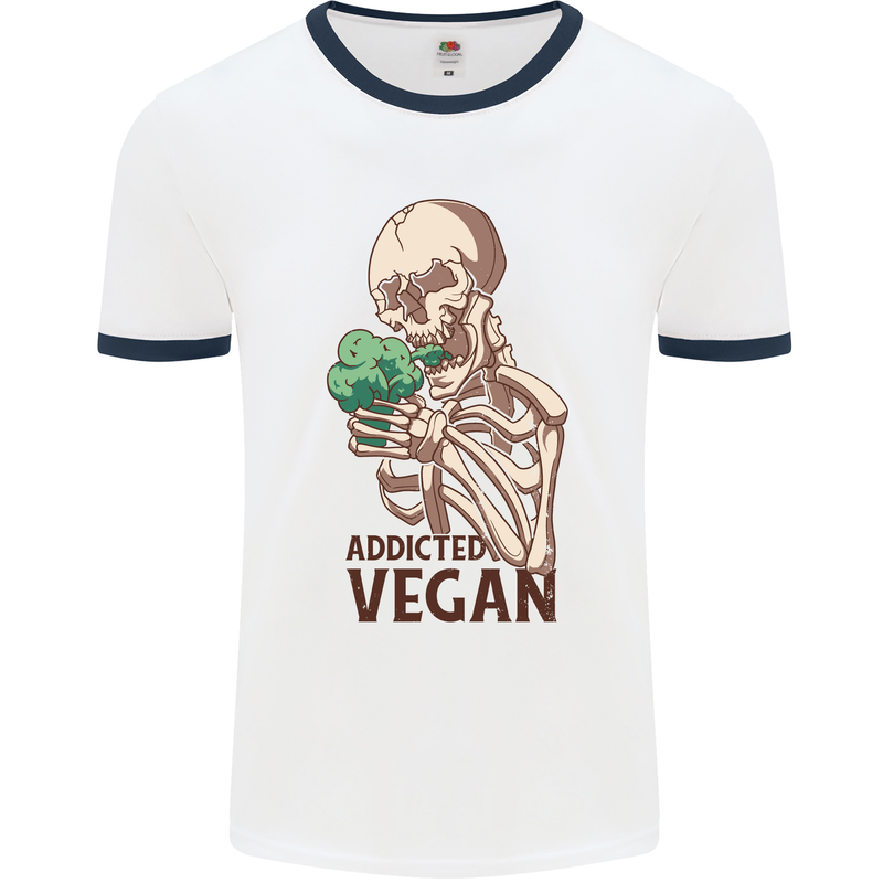 Addicted Vegan Skeleton Eating Vegetables Mens White Ringer T-Shirt White/Navy Blue